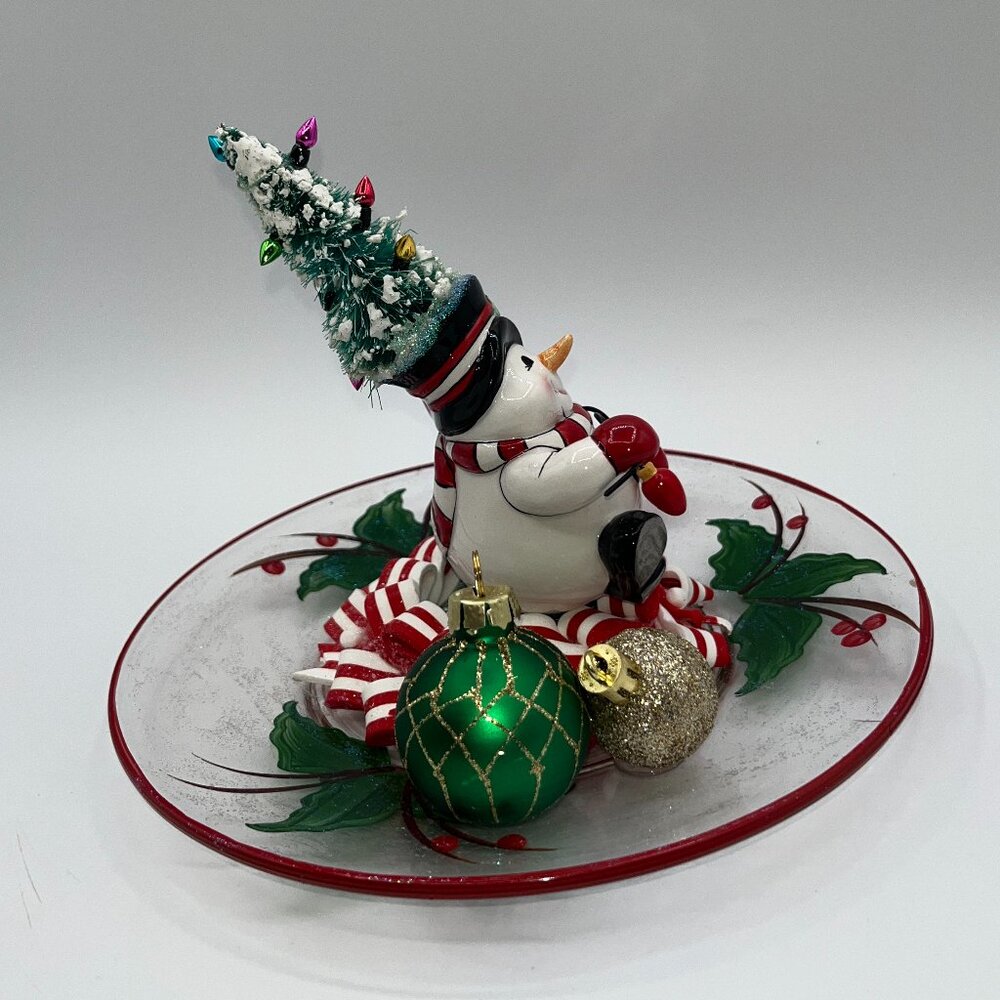 Vintage Ceramic Snowman With Bottle Brush Tree String Light Hat Candy Cane OOAK - Picture 8 of 16